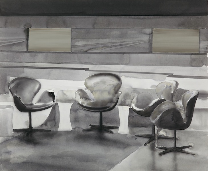 Wolfgang Ellenrieder: Konferenzraum, 2012, Pigment und Bindemittel auf Büttenpapier, 96 x 128 cm

